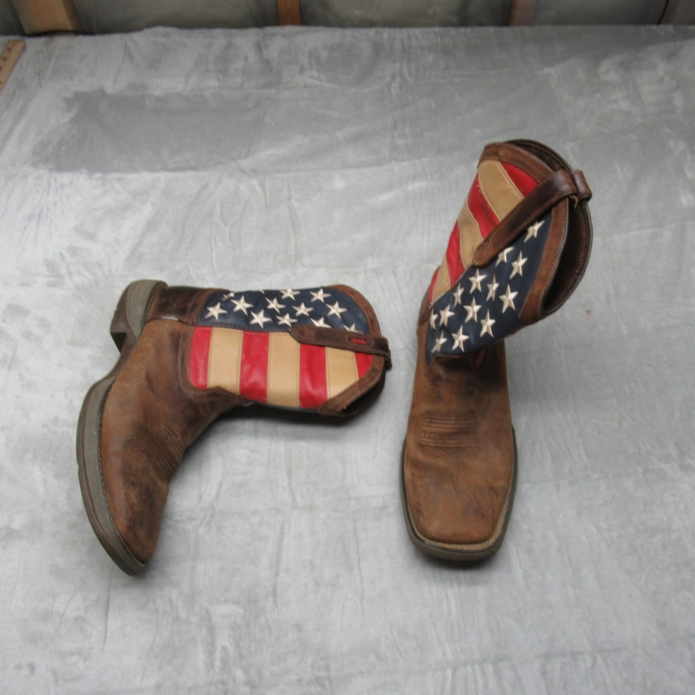 Durango Mens Boots 11.5D Brown Leather 12" Western Union Flag Square Toe Pull-On
